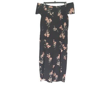 Womens 16 Jumpsuit Off Shoulder Black Floral Wide Leg Stretch Waist Relaxed Fit